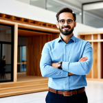 **

"A professional architect, fully clothed in a stylish yet modest business casual outfit, stands confidently in front of a modern, sustainable building design model made of wood and glass. The background features a bright and airy architectural office with blueprints and design sketches visible.  Perfect anatomy, correct proportions, natural pose, well-formed hands, proper finger count, natural body proportions.  Safe for work, appropriate content, professional, family-friendly. High quality, realistic rendering."

**